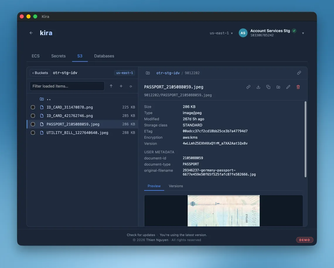 Kira's S3 object browser with object preview and metadata